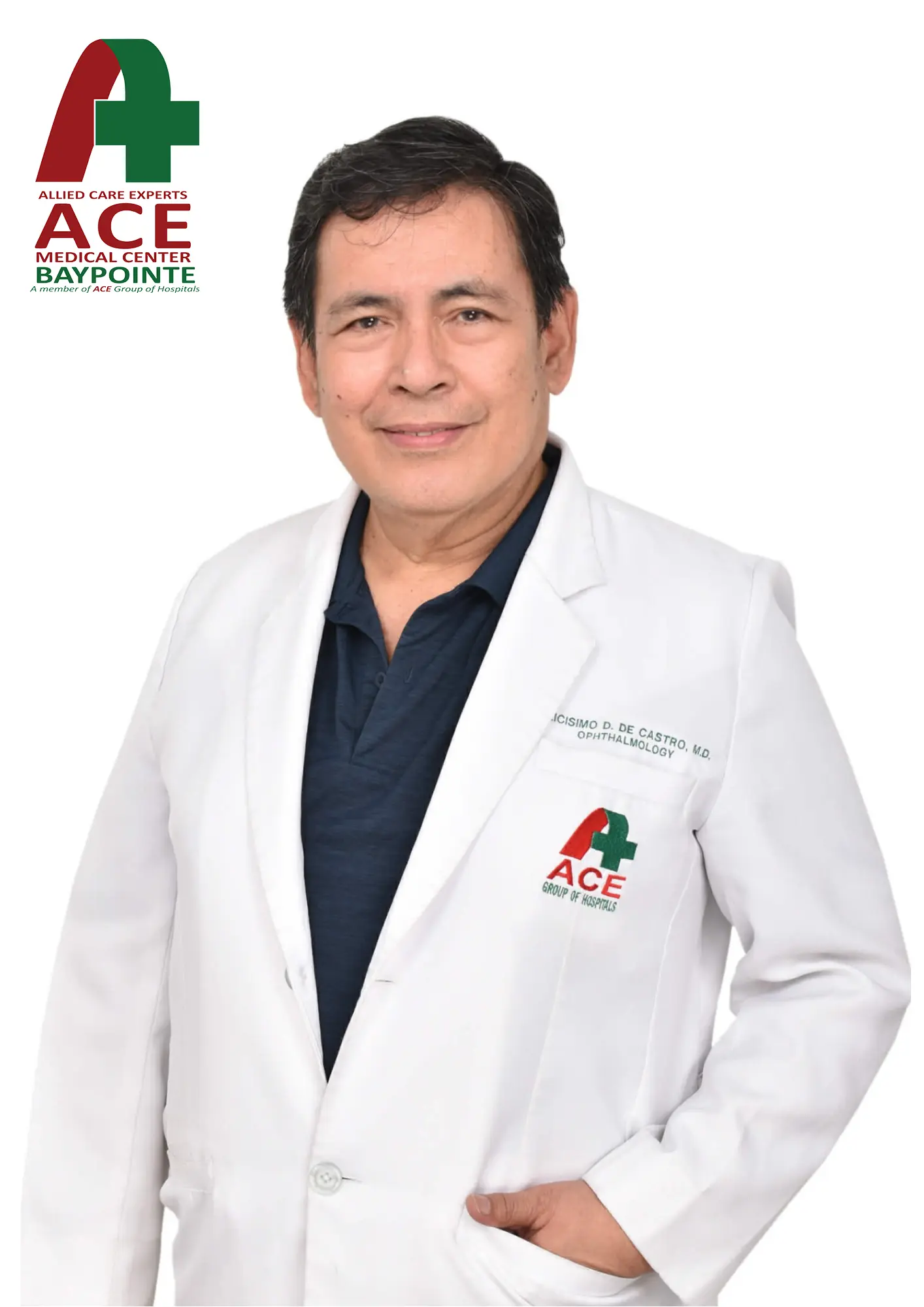 A consultant in a white ACE Baypointe coat over a dark collared shirt, one hand in a pocket.